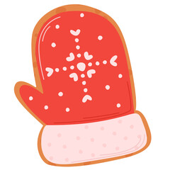 Pixel Art Mitten Cookie with Red Icing and White Heart Snowflakes on Transparent Background