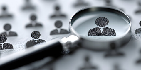 Magnifying glass highlighting a manager icon among staff icons, representing recruitment and leadership