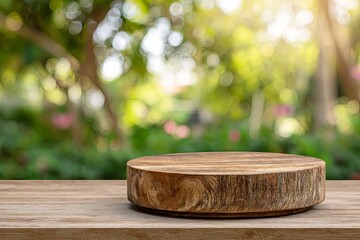 Round wooden pedestal rests upon a natural wood surface with lush green garden bokeh in the background