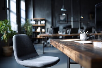 Contemporary open plan office space features dark wood desk and fabric chair in foreground