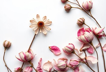 Delicate dried flower, bleached petals, stark white backdrop , dried blooms, rustic