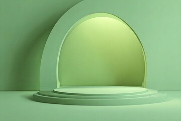 Minimalist stage design features layered circular pedestal beneath a sweeping arch