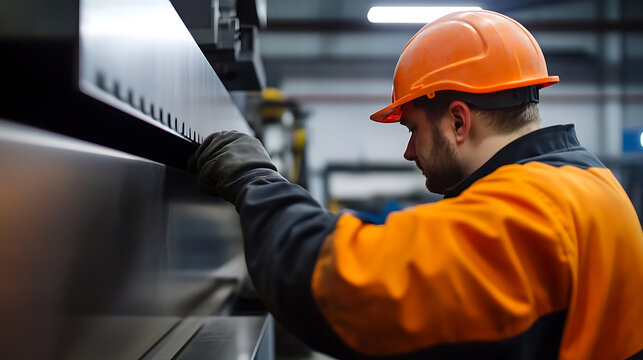 Focused worker wearing safety gear in a metal factory, operating machinery. Attention to detail, precision, and safety protocols in the manufacturing environment. - Powered by Adobe