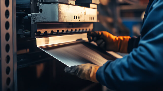 Precision shaping of metal is underway, blending industrial automation with skilled human guidance in manufacturing facility. Engineering technology is at its finest.