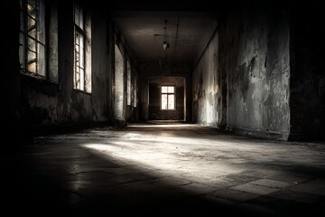 Dimly lit, decaying interior hallway stretches toward a distant bright window
