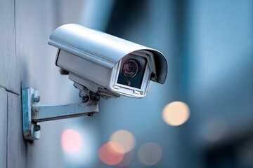Outdoor surveillance camera mounted on a building exterior monitors the surroundings
