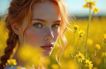 Fototapeta premium Redhead woman portrait in yellow flower field. Beautiful young model poses among canola. Fashionable ginger girl looks at camera in summer sunny day. Beauty concept. Elegant style. Eyesight.