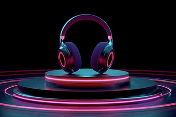 Modern audio listening device rests upon a glowing futuristic display platform