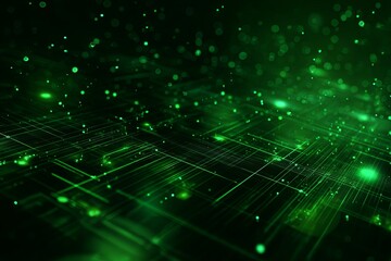 Digital grid lines and luminous particles illuminate a dark abstract technological surface