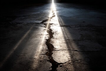 Bright sunlight streams through a deep fissure in a dark, cracked concrete surface