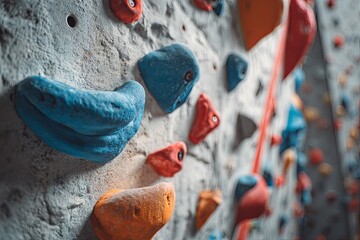 Interior view displays colorful artificial holds mounted upon a textured climbing wall surface