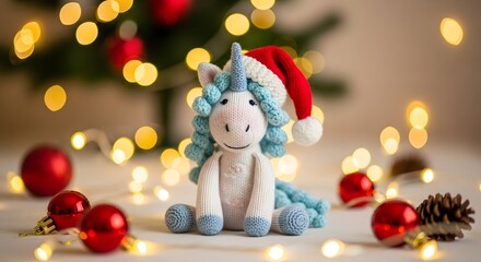 Cute unicorn toy wearing a santa hat with festive christmas lights and ornaments