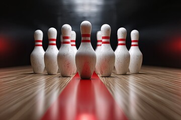Multiple wooden sports objects stand ready for impact on a lane surface