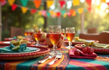 Table setting for festive Mexican holiday celebration outdoors. Colorful bunting flags adorn background. Drinks and food ready for party guests. Sunny day with warm light.