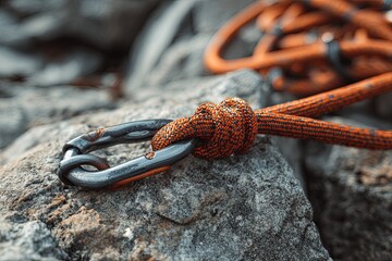 Climbing safety equipment featuring a metal connector fastened to a thick orange rope resting on rough rock surface