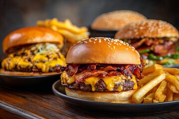 Multiple gourmet hamburgers loaded with melted cheese and bacon are arranged on plates with crispy french fries.