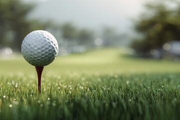 White dimpled sphere rests atop a wooden peg in lush green grass under soft light