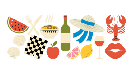 Assorted Summer and Food Icons Including Lobster and Wine drink watermelon PNG Design on Transparent Background