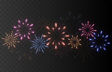 Festive multicolored fireworks PNG. Exploding various fireworks on a transparent background. Festive background.