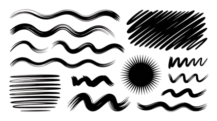 Assortment of white hand-drawn wavy lines scribbles and a sunburst on black drawing sketch PNG Design on Transparent Background
