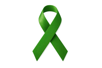 Green awareness ribbon symbolizing mental health support and charity, promoting solidarity and a cause on transparent background