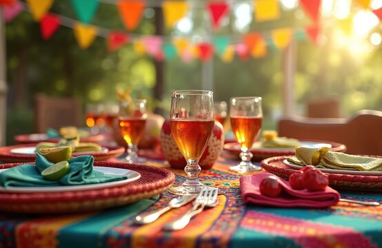 Table setting for festive Mexican holiday celebration outdoors. Colorful bunting flags adorn background. Drinks and food ready for party guests. Sunny day with warm light.