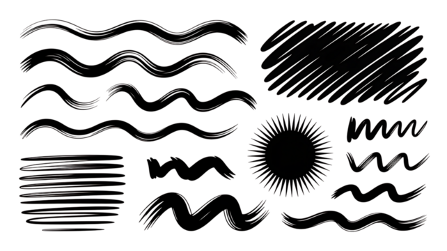 Assortment of white hand-drawn wavy lines scribbles and a sunburst on black drawing sketch PNG Design on Transparent Background