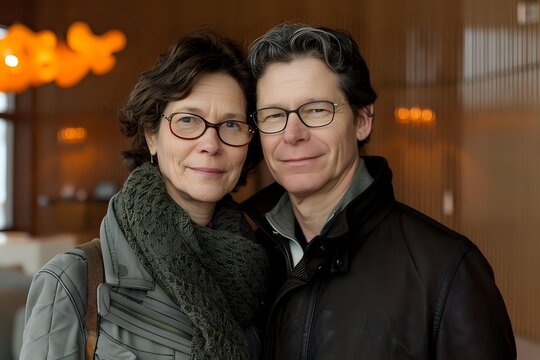 Middle-aged Caucasian couple wearing glasses smile warmly at camera. Woman in green scarf and jacket, man in black coat. Indoor setting with soft bokeh lights.