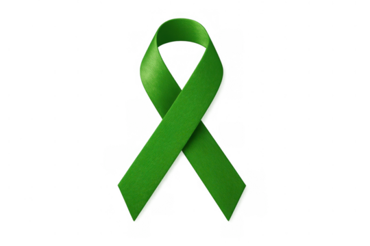 Green awareness ribbon symbolizing mental health support and charity, promoting solidarity and a cause on transparent background