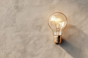 Illuminated incandescent bulb rests upon a textured neutral surface casting a shadow