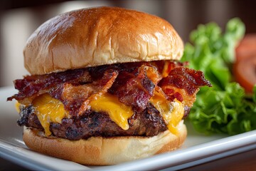 Delicious bacon cheeseburger with melted cheese rests on a white plate next to fresh lettuce and tomato