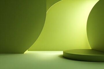 Abstract composition features layered curved surfaces with vibrant lime green lighting on a circular pedestal