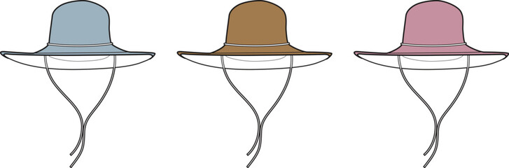 Collection of three sun hats in different colors, showcasing stylish headwear for outdoor activities and fashion