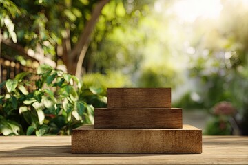 Three stacked wooden blocks create a display pedestal against a lush outdoor backdrop