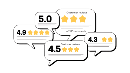 Customer review ratings displayed in speech bubbles with stars customer reviews feedback PNG Design on Transparent Background