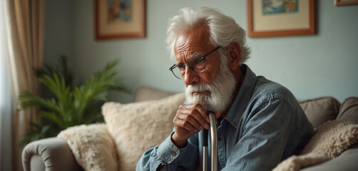 Elderly man sitting on sofa in living room, holding walking stick, looking sad, pensive. Senior male person with white hair, beard, wearing glasses, denim shirt, appears contemplative, unhappy in