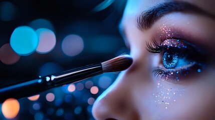 Close-up of woman with glitter makeup and blue eyes having eyeshadow applied with brush against blurred bokeh lights background.