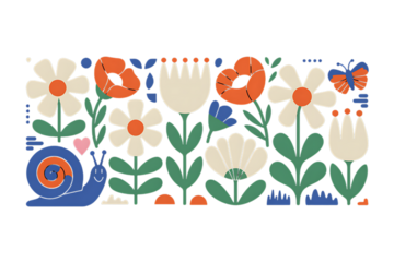 Flat Design Garden Illustration with Flowers Snail and Butterfly PNG Design on Transparent Background