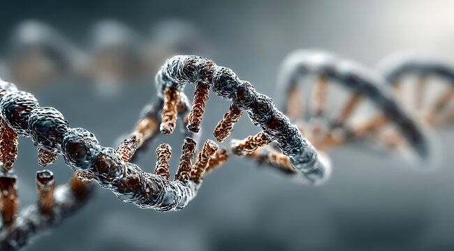 DNA double helix structure with gray and copper-colored strands against blurred genetic background, illustrating molecular biology and genetic research.