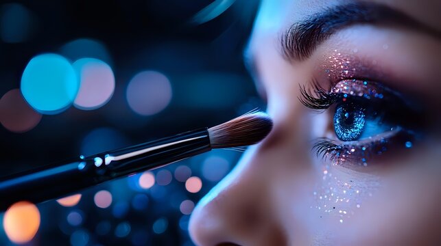 Close-up of woman with glitter makeup and blue eyes having eyeshadow applied with brush against blurred bokeh lights background. - Powered by Adobe