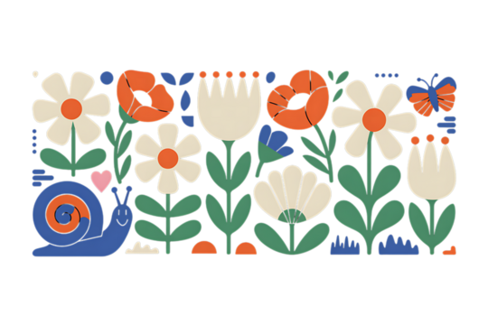 Flat Design Garden Illustration with Flowers Snail and Butterfly PNG Design on Transparent Background