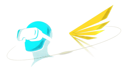 Person Wearing VR Headset with Yellow Wing and Orbiting Line on Black PNG Design on Transparent Background