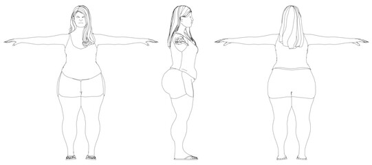 A fat woman with long hair and shorts stands in three different poses with arms outstretched. She appears to be on a weight loss journey against a plain white background. Front, side, back view