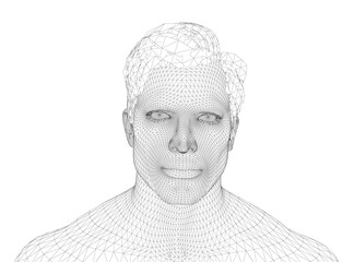 A 3D wireframe of a man's face is composed of interconnected lines and geometric shapes on a white background. This digital mesh creates a realistic representation of human facial features.