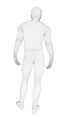 A man in underpants stands in a 3D wireframe model, short dark hair, and a light tan complexion. Back view