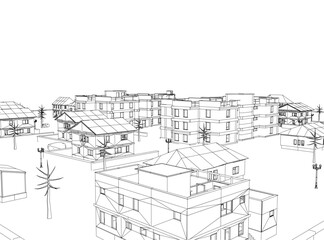 Black and white cityscape contour drawing featuring detailed houses, streets, and trees with poles. The monochrome illustration captures urban architectural details.