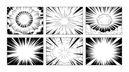 Six comic book style explosion or starburst graphics with clouds on black background illustration PNG Design on Transparent Background