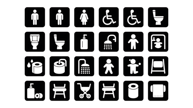 Public Restroom and Facility Icons in White Outline image graphic PNG Design on Transparent Background
