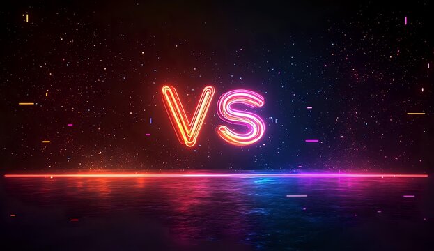 Glowing neon VS letters on dark background with red and blue light reflection on glossy surface, starry space atmosphere for game or competition design.