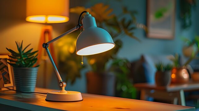 Adjustable desk lamp with warm lighting on wooden table surrounded by houseplants creates cozy home office atmosphere. Perfect for interior design projects.